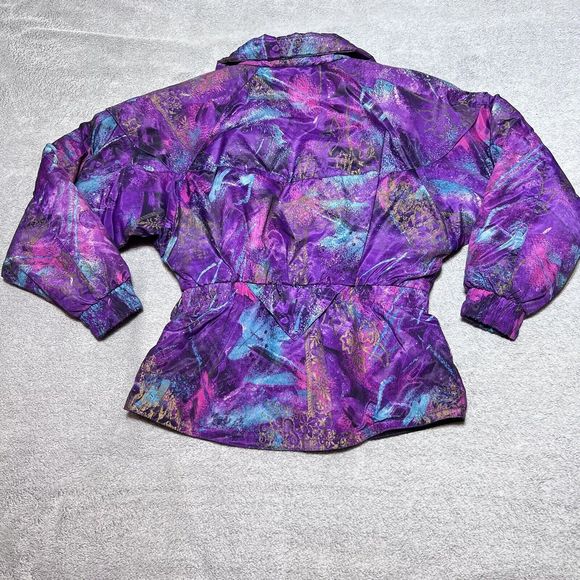 Vintage Black Bear Ski Jacket Womens 8 Purple Abstract Splash All Over Print 80s - Picture 2 of 13